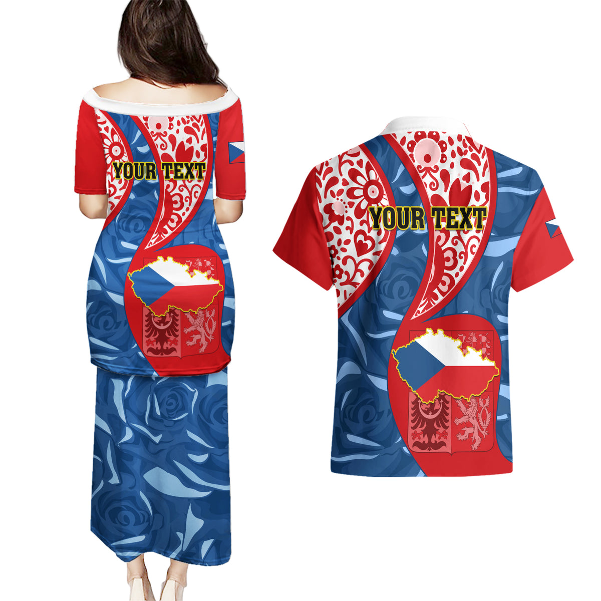 Personalised Czech Republic Independence Day Couples Matching Puletasi Dress and Hawaiian Shirt Czechia Coat Of Arms Embroidery Motif - Wonder Print Shop