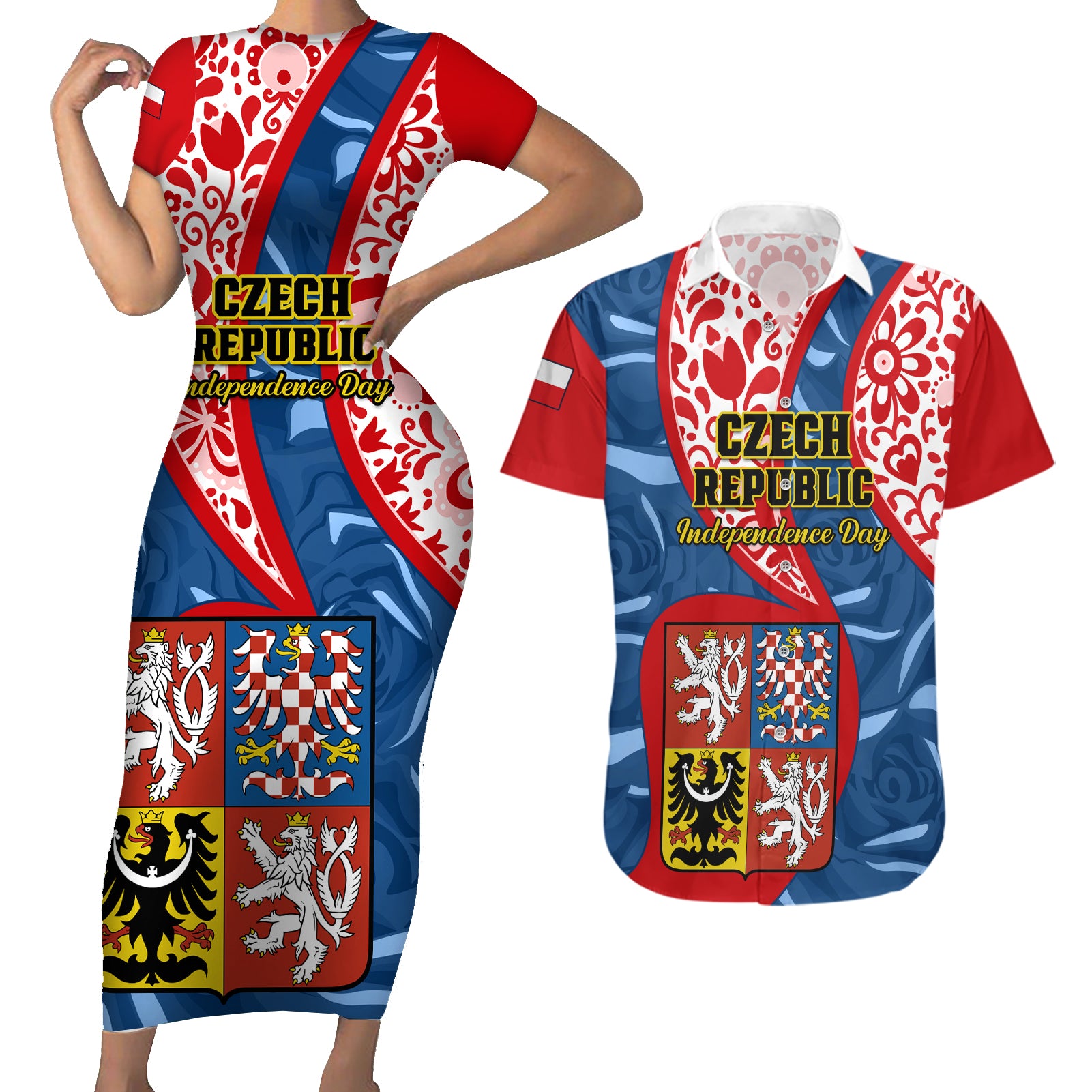 Personalised Czech Republic Independence Day Couples Matching Short Sleeve Bodycon Dress and Hawaiian Shirt Czechia Coat Of Arms Embroidery Motif - Wonder Print Shop
