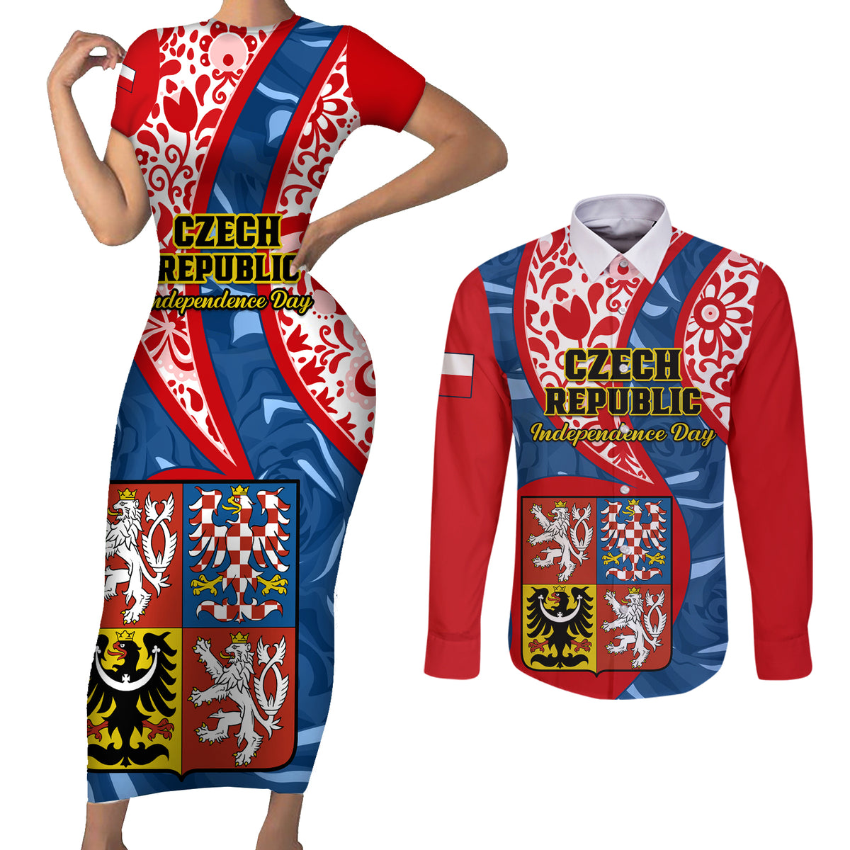 Personalised Czech Republic Independence Day Couples Matching Short Sleeve Bodycon Dress and Long Sleeve Button Shirts Czechia Coat Of Arms Embroidery Motif - Wonder Print Shop