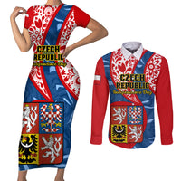 Personalised Czech Republic Independence Day Couples Matching Short Sleeve Bodycon Dress and Long Sleeve Button Shirts Czechia Coat Of Arms Embroidery Motif - Wonder Print Shop