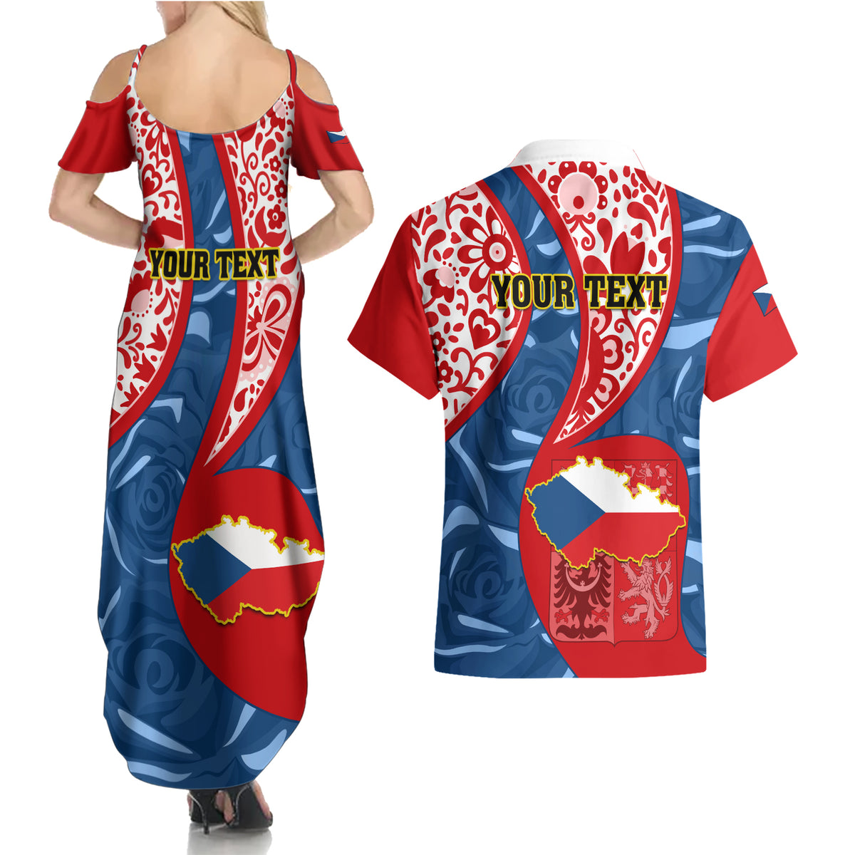 Personalised Czech Republic Independence Day Couples Matching Summer Maxi Dress and Hawaiian Shirt Czechia Coat Of Arms Embroidery Motif - Wonder Print Shop