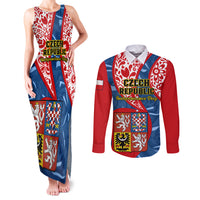 Personalised Czech Republic Independence Day Couples Matching Tank Maxi Dress and Long Sleeve Button Shirts Czechia Coat Of Arms Embroidery Motif - Wonder Print Shop