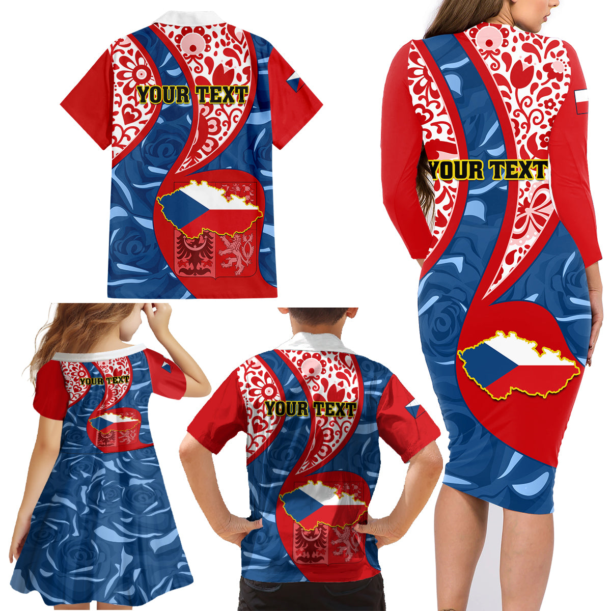 Personalised Czech Republic Independence Day Family Matching Long Sleeve Bodycon Dress and Hawaiian Shirt Czechia Coat Of Arms Embroidery Motif - Wonder Print Shop