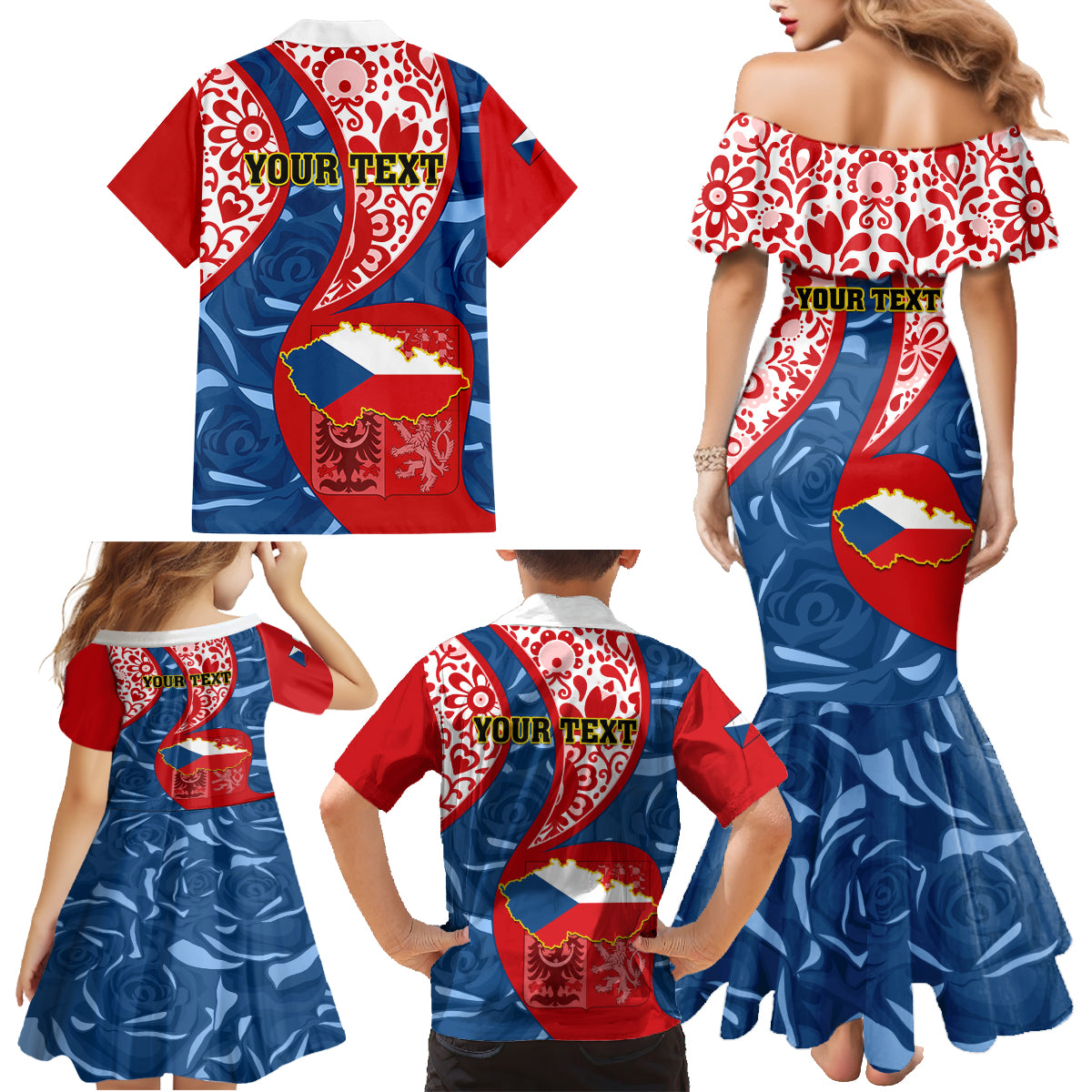 Personalised Czech Republic Independence Day Family Matching Mermaid Dress and Hawaiian Shirt Czechia Coat Of Arms Embroidery Motif - Wonder Print Shop