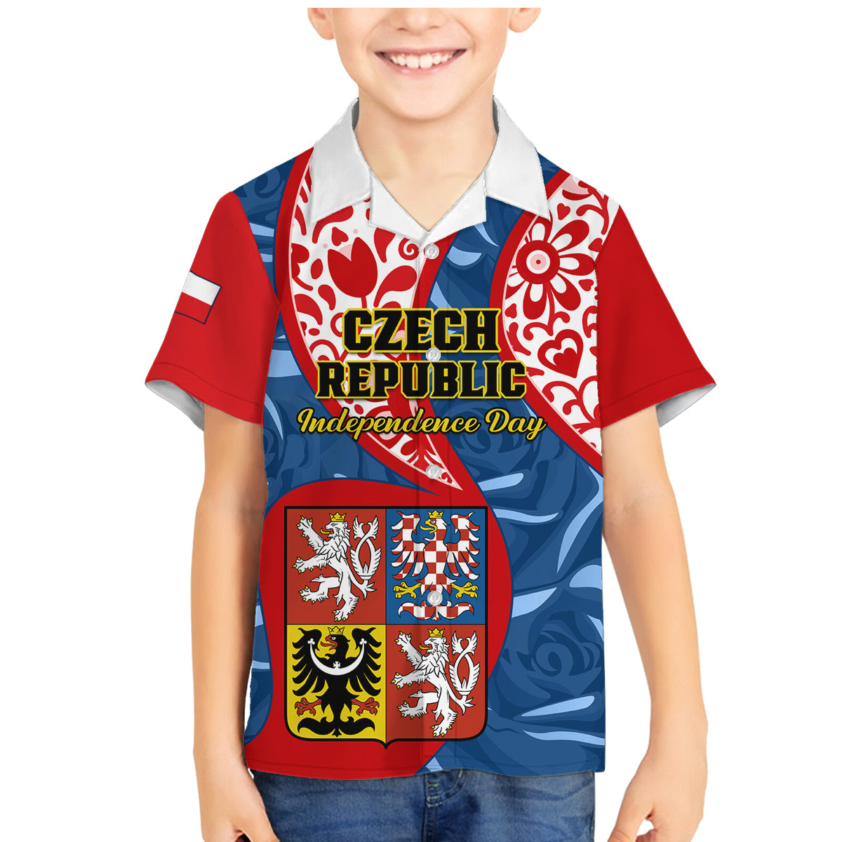 Personalised Czech Republic Independence Day Family Matching Mermaid Dress and Hawaiian Shirt Czechia Coat Of Arms Embroidery Motif - Wonder Print Shop