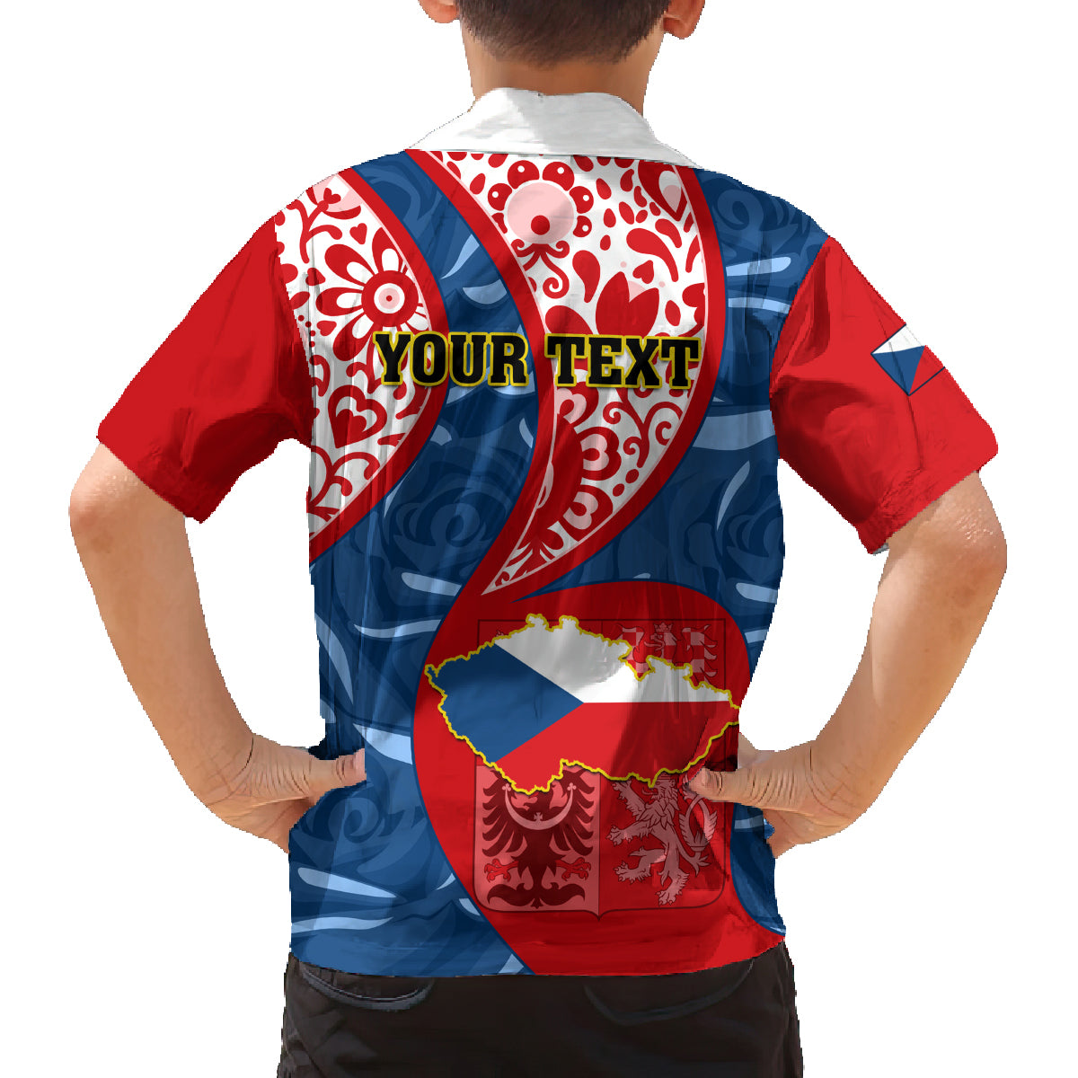 Personalised Czech Republic Independence Day Family Matching Off Shoulder Long Sleeve Dress and Hawaiian Shirt Czechia Coat Of Arms Embroidery Motif - Wonder Print Shop