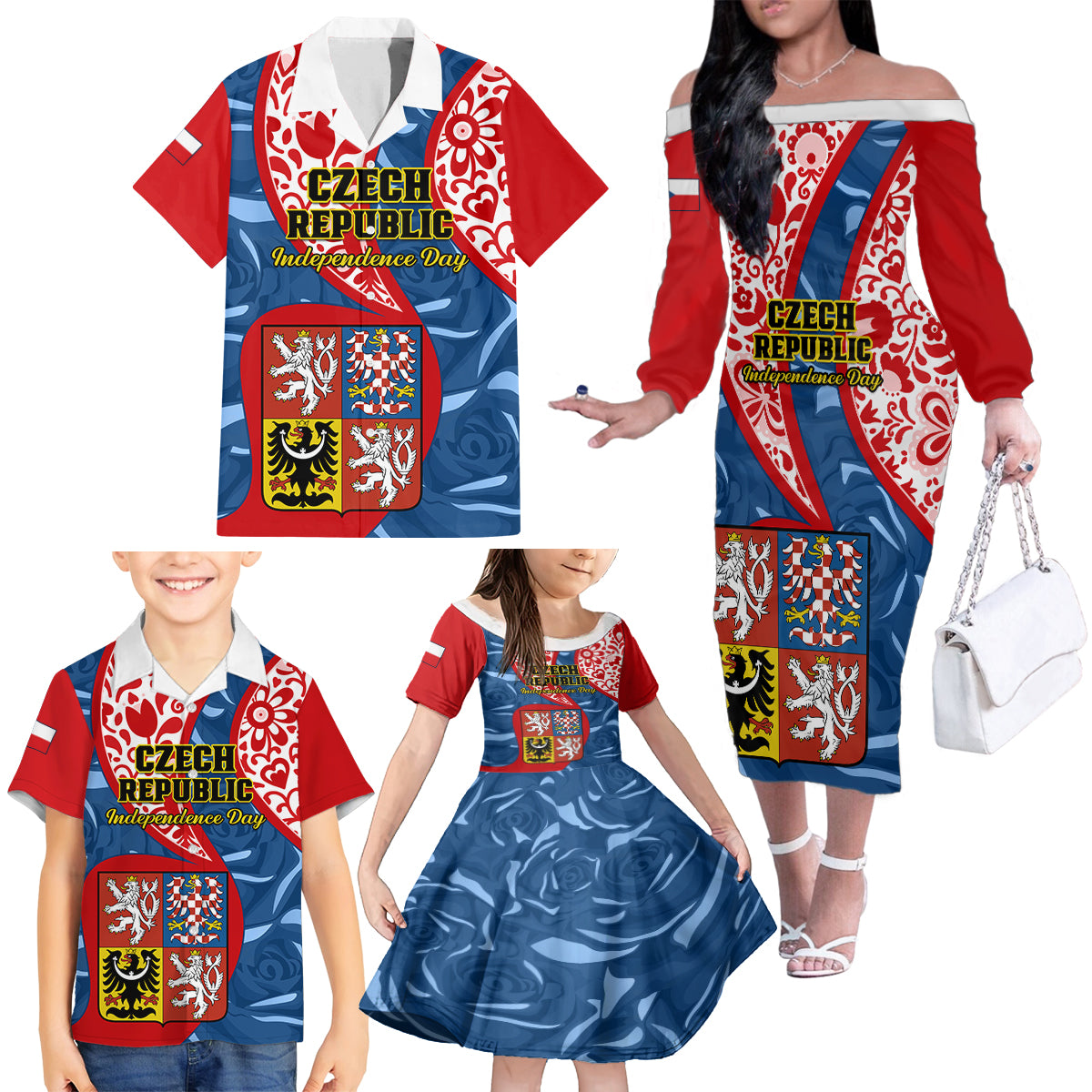 Personalised Czech Republic Independence Day Family Matching Off Shoulder Long Sleeve Dress and Hawaiian Shirt Czechia Coat Of Arms Embroidery Motif - Wonder Print Shop