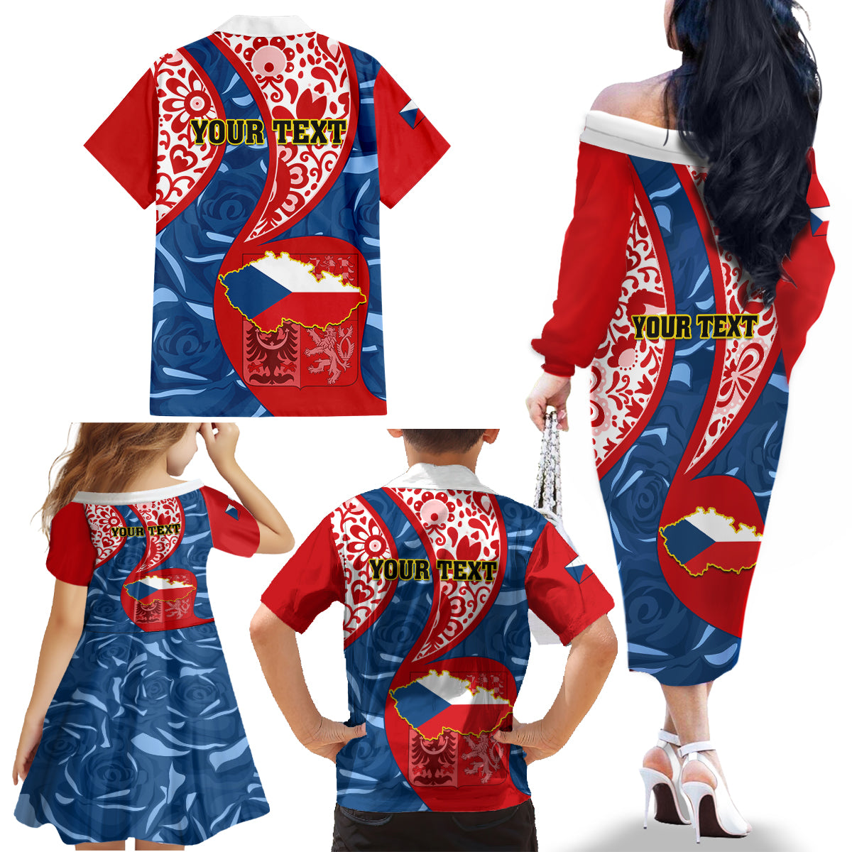 Personalised Czech Republic Independence Day Family Matching Off Shoulder Long Sleeve Dress and Hawaiian Shirt Czechia Coat Of Arms Embroidery Motif - Wonder Print Shop
