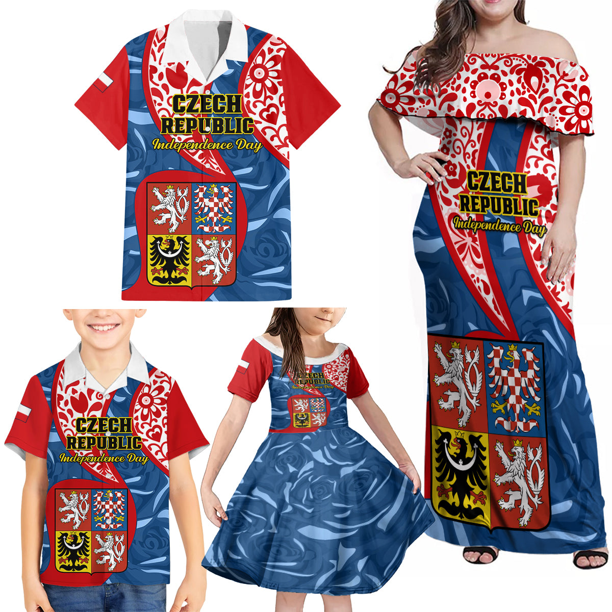 Personalised Czech Republic Independence Day Family Matching Off Shoulder Maxi Dress and Hawaiian Shirt Czechia Coat Of Arms Embroidery Motif - Wonder Print Shop