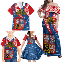Personalised Czech Republic Independence Day Family Matching Off Shoulder Maxi Dress and Hawaiian Shirt Czechia Coat Of Arms Embroidery Motif - Wonder Print Shop