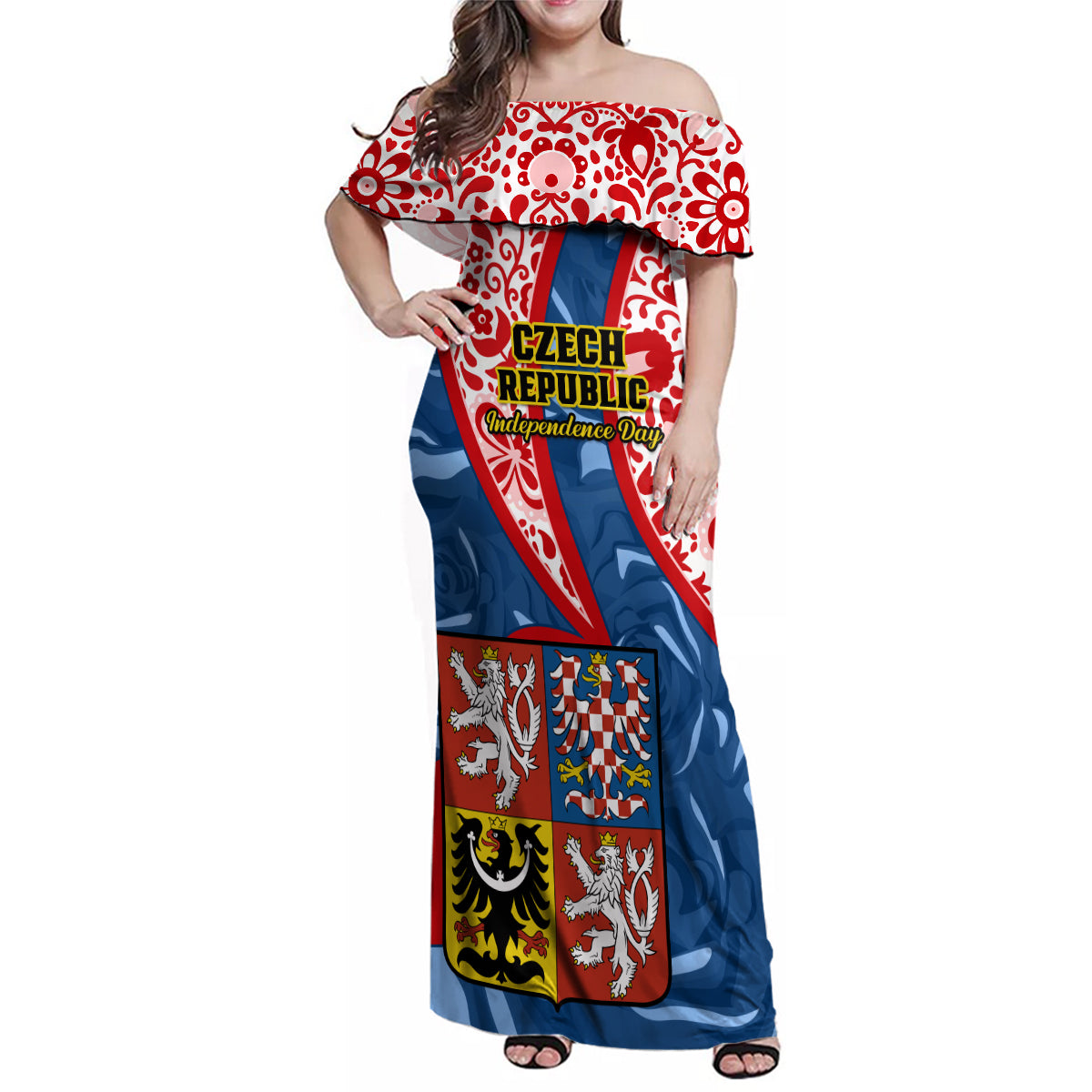 Personalised Czech Republic Independence Day Family Matching Off Shoulder Maxi Dress and Hawaiian Shirt Czechia Coat Of Arms Embroidery Motif - Wonder Print Shop
