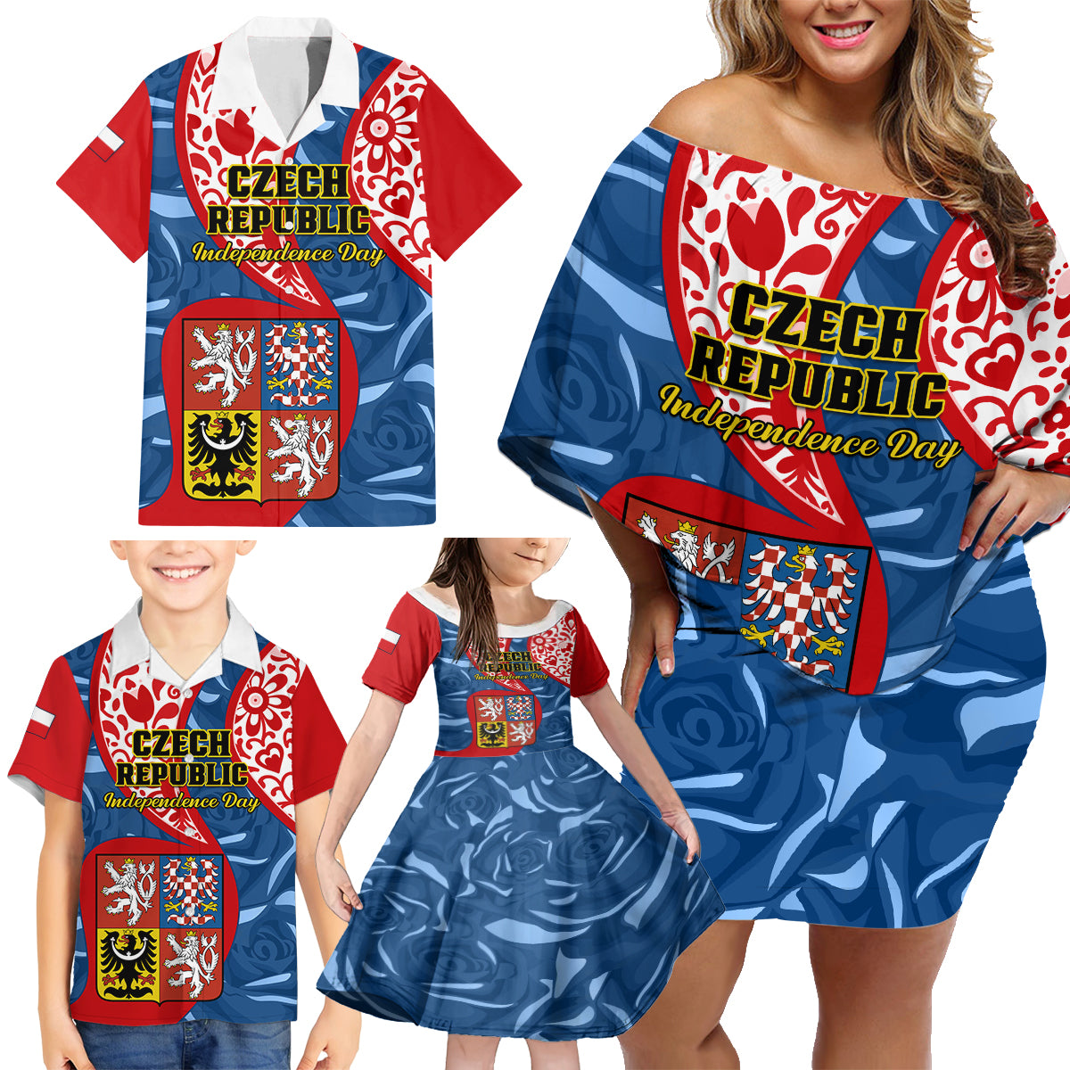Personalised Czech Republic Independence Day Family Matching Off Shoulder Short Dress and Hawaiian Shirt Czechia Coat Of Arms Embroidery Motif - Wonder Print Shop