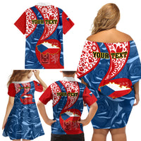 Personalised Czech Republic Independence Day Family Matching Off Shoulder Short Dress and Hawaiian Shirt Czechia Coat Of Arms Embroidery Motif - Wonder Print Shop