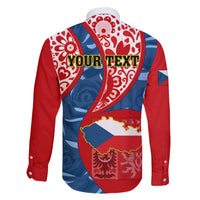 Personalised Czech Republic Independence Day Family Matching Off Shoulder Short Dress and Hawaiian Shirt Czechia Coat Of Arms Embroidery Motif - Wonder Print Shop