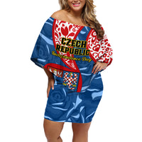 Personalised Czech Republic Independence Day Family Matching Off Shoulder Short Dress and Hawaiian Shirt Czechia Coat Of Arms Embroidery Motif - Wonder Print Shop