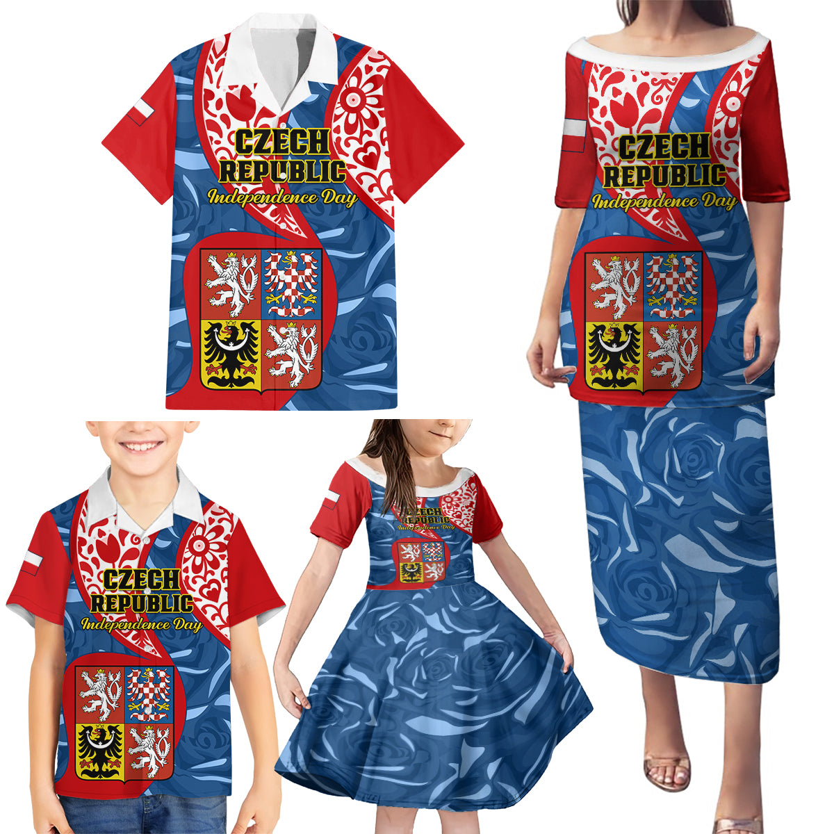 Personalised Czech Republic Independence Day Family Matching Puletasi Dress and Hawaiian Shirt Czechia Coat Of Arms Embroidery Motif - Wonder Print Shop