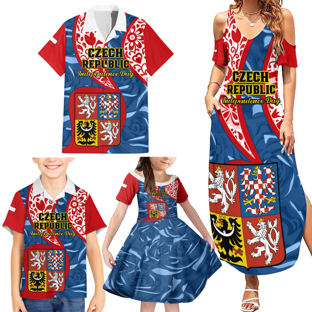 Personalised Czech Republic Independence Day Family Matching Summer Maxi Dress and Hawaiian Shirt Czechia Coat Of Arms Embroidery Motif - Wonder Print Shop