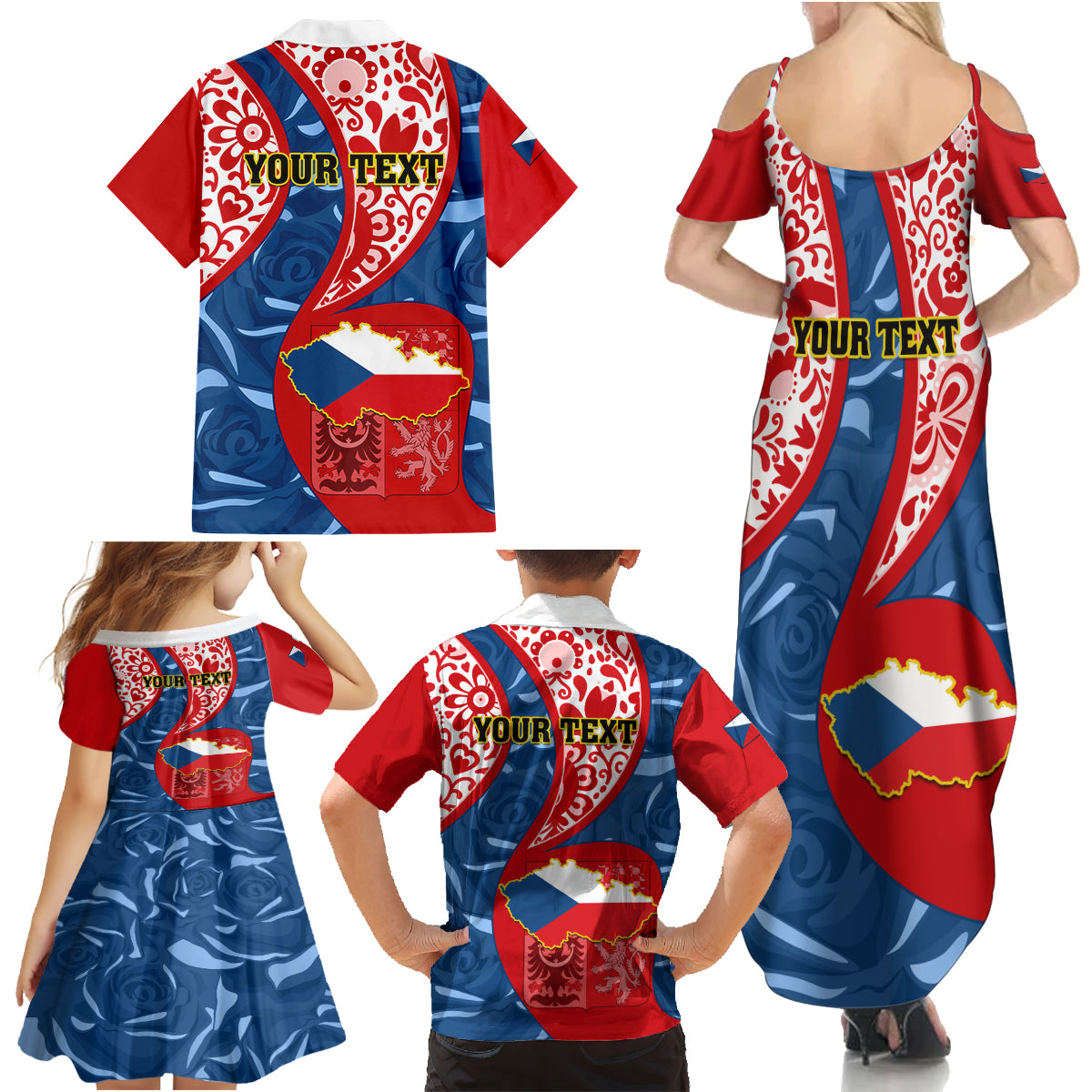 Personalised Czech Republic Independence Day Family Matching Summer Maxi Dress and Hawaiian Shirt Czechia Coat Of Arms Embroidery Motif - Wonder Print Shop