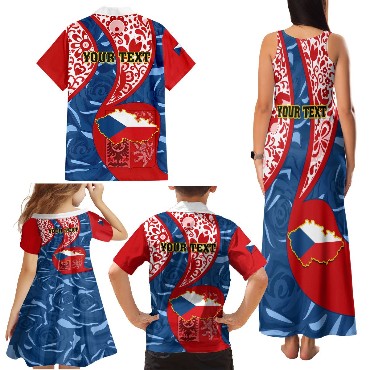 Personalised Czech Republic Independence Day Family Matching Tank Maxi Dress and Hawaiian Shirt Czechia Coat Of Arms Embroidery Motif - Wonder Print Shop