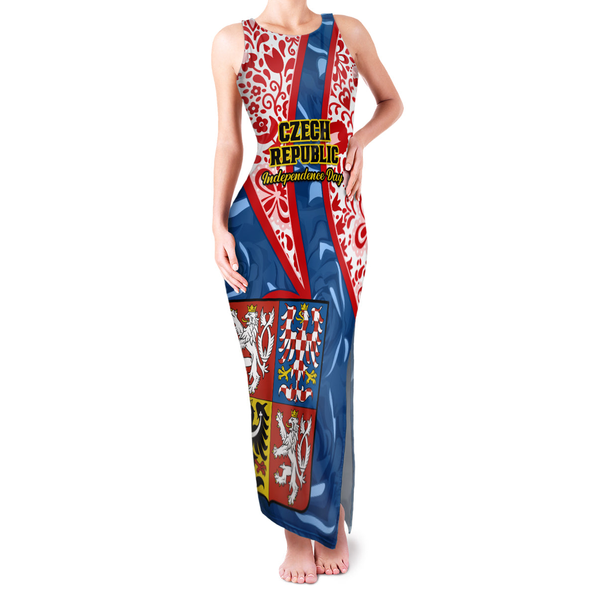 Personalised Czech Republic Independence Day Family Matching Tank Maxi Dress and Hawaiian Shirt Czechia Coat Of Arms Embroidery Motif - Wonder Print Shop