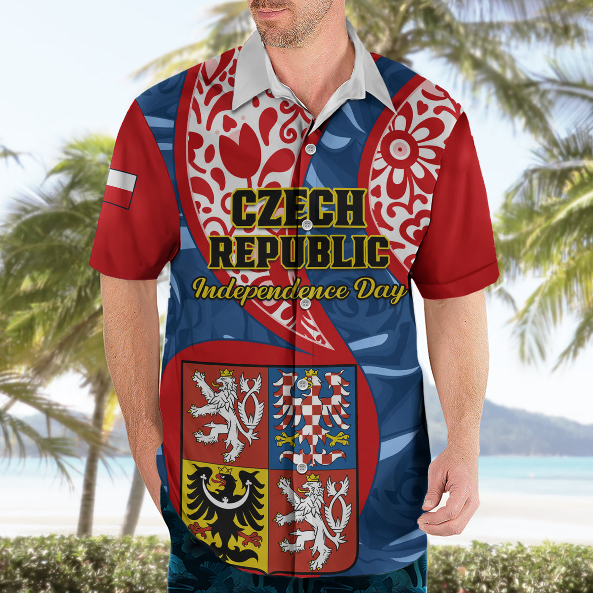 Personalised Czech Republic Independence Day Hawaiian Shirt Czechia Coat Of Arms Embroidery Motif - Wonder Print Shop