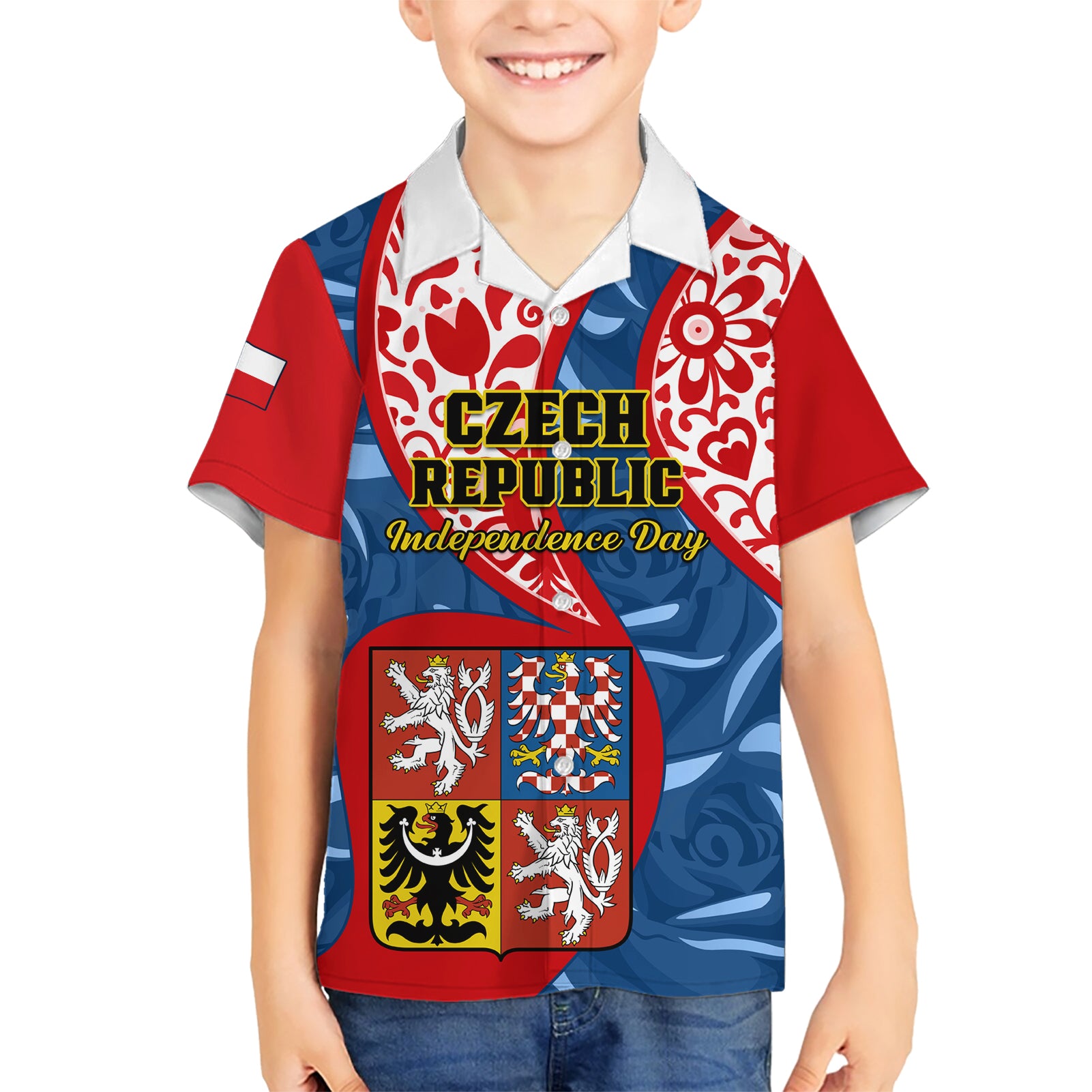 Personalised Czech Republic Independence Day Kid Hawaiian Shirt Czechia Coat Of Arms Embroidery Motif - Wonder Print Shop