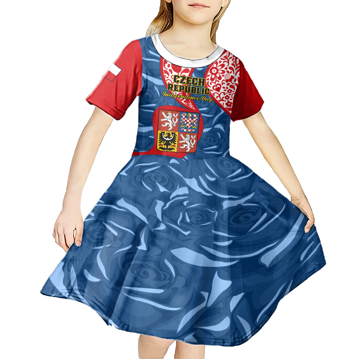Personalised Czech Republic Independence Day Kid Short Sleeve Dress Czechia Coat Of Arms Embroidery Motif - Wonder Print Shop