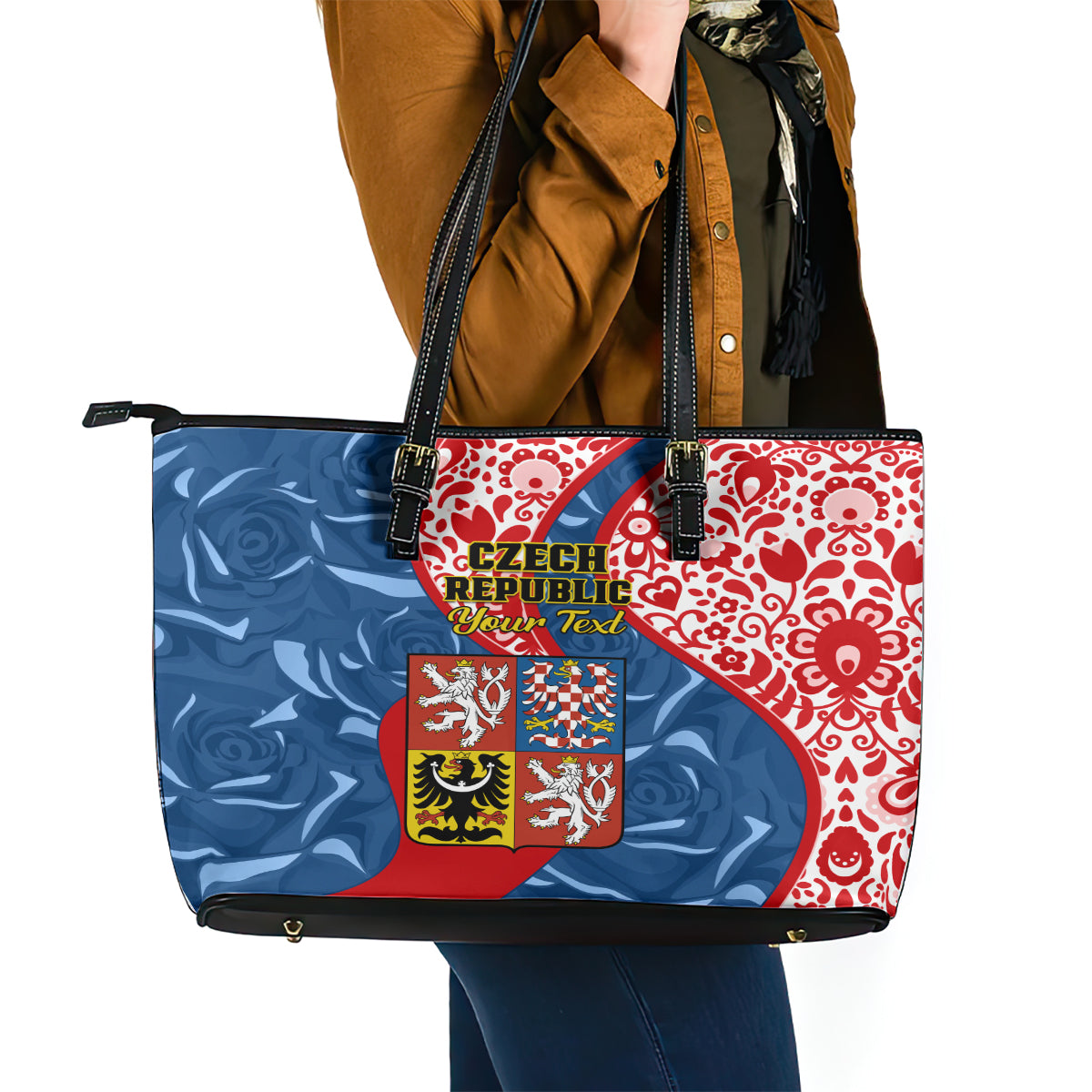 Personalised Czech Republic Independence Day Leather Tote Bag Czechia Coat Of Arms Embroidery Motif - Wonder Print Shop