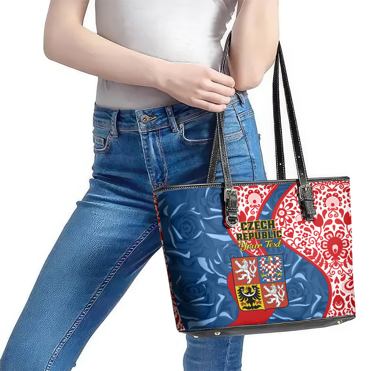 Personalised Czech Republic Independence Day Leather Tote Bag Czechia Coat Of Arms Embroidery Motif - Wonder Print Shop