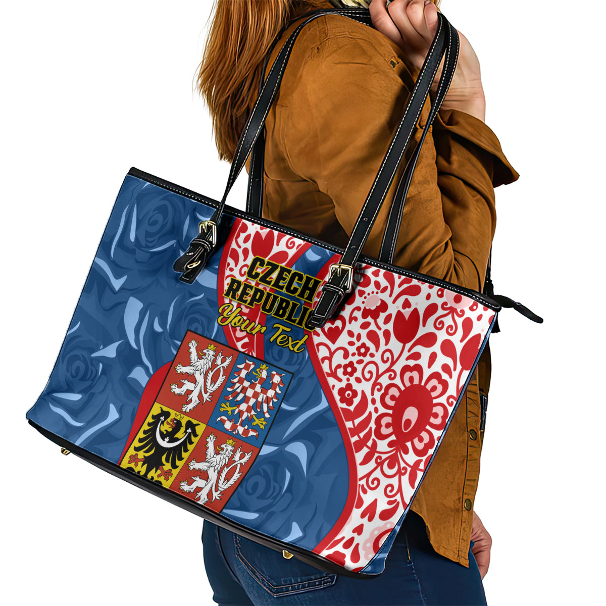Personalised Czech Republic Independence Day Leather Tote Bag Czechia Coat Of Arms Embroidery Motif - Wonder Print Shop