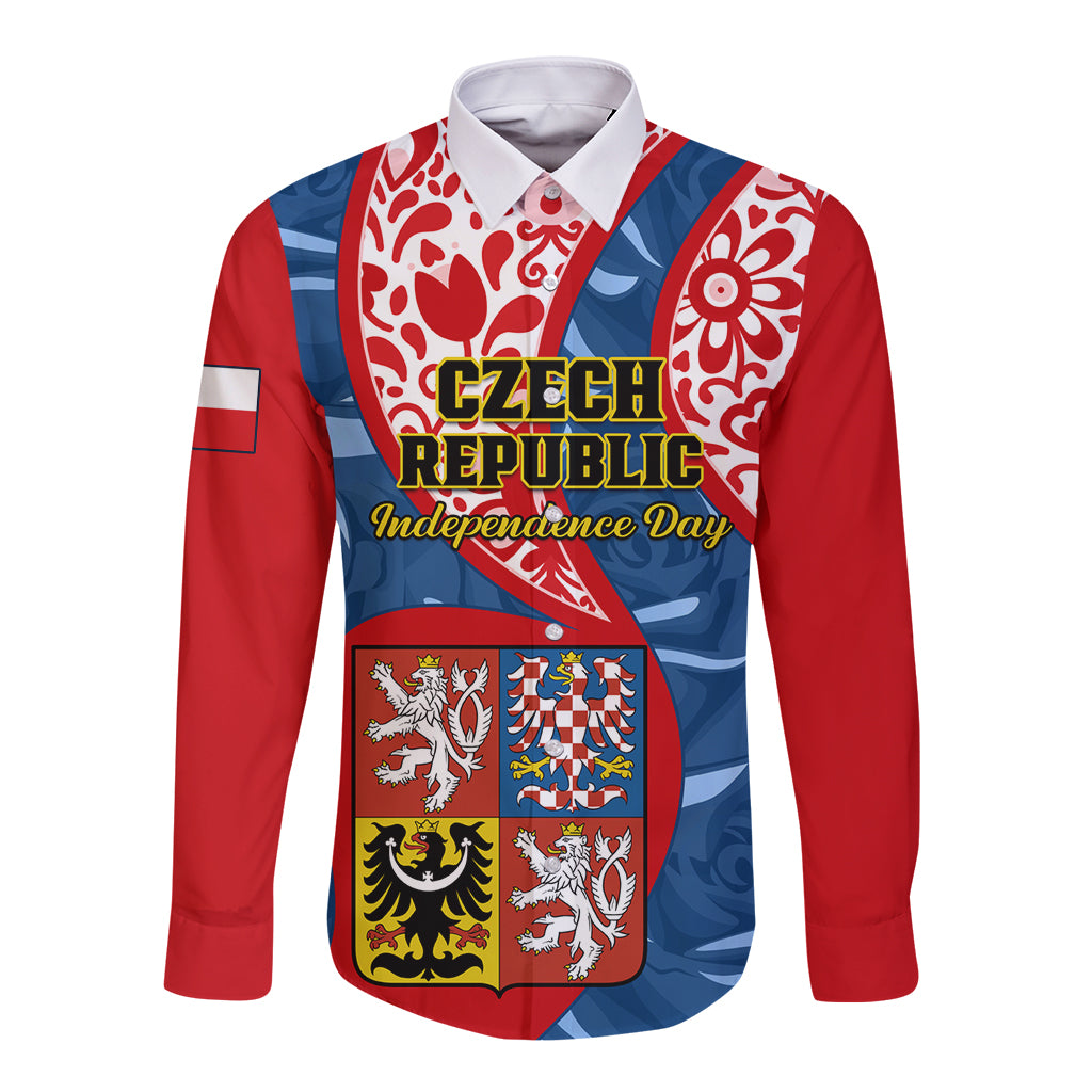 Personalised Czech Republic Independence Day Long Sleeve Button Shirt Czechia Coat Of Arms Embroidery Motif - Wonder Print Shop