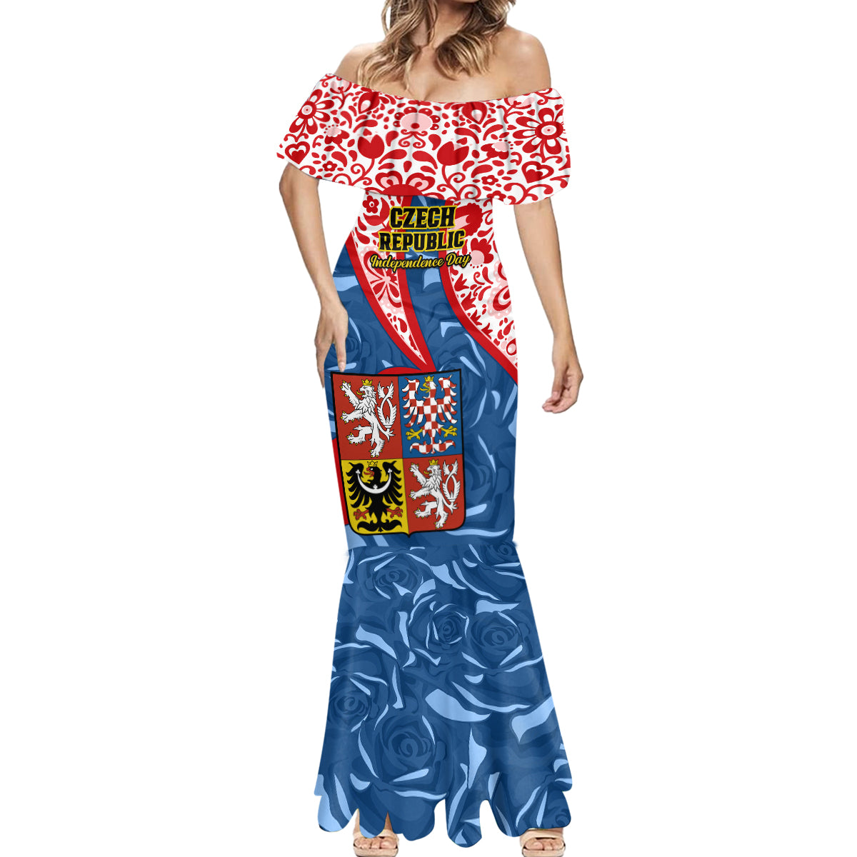 Personalised Czech Republic Independence Day Mermaid Dress Czechia Coat Of Arms Embroidery Motif - Wonder Print Shop