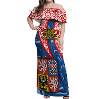 Personalised Czech Republic Independence Day Off Shoulder Maxi Dress Czechia Coat Of Arms Embroidery Motif - Wonder Print Shop