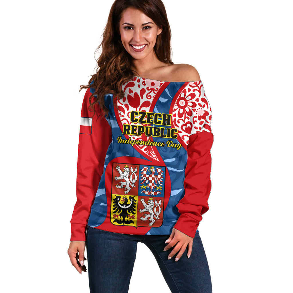 Personalised Czech Republic Independence Day Off Shoulder Sweater Czechia Coat Of Arms Embroidery Motif - Wonder Print Shop