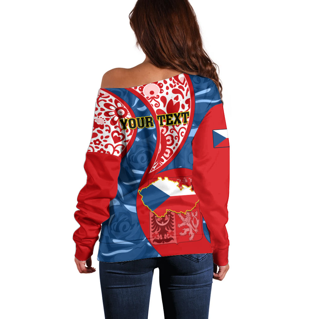 Personalised Czech Republic Independence Day Off Shoulder Sweater Czechia Coat Of Arms Embroidery Motif - Wonder Print Shop