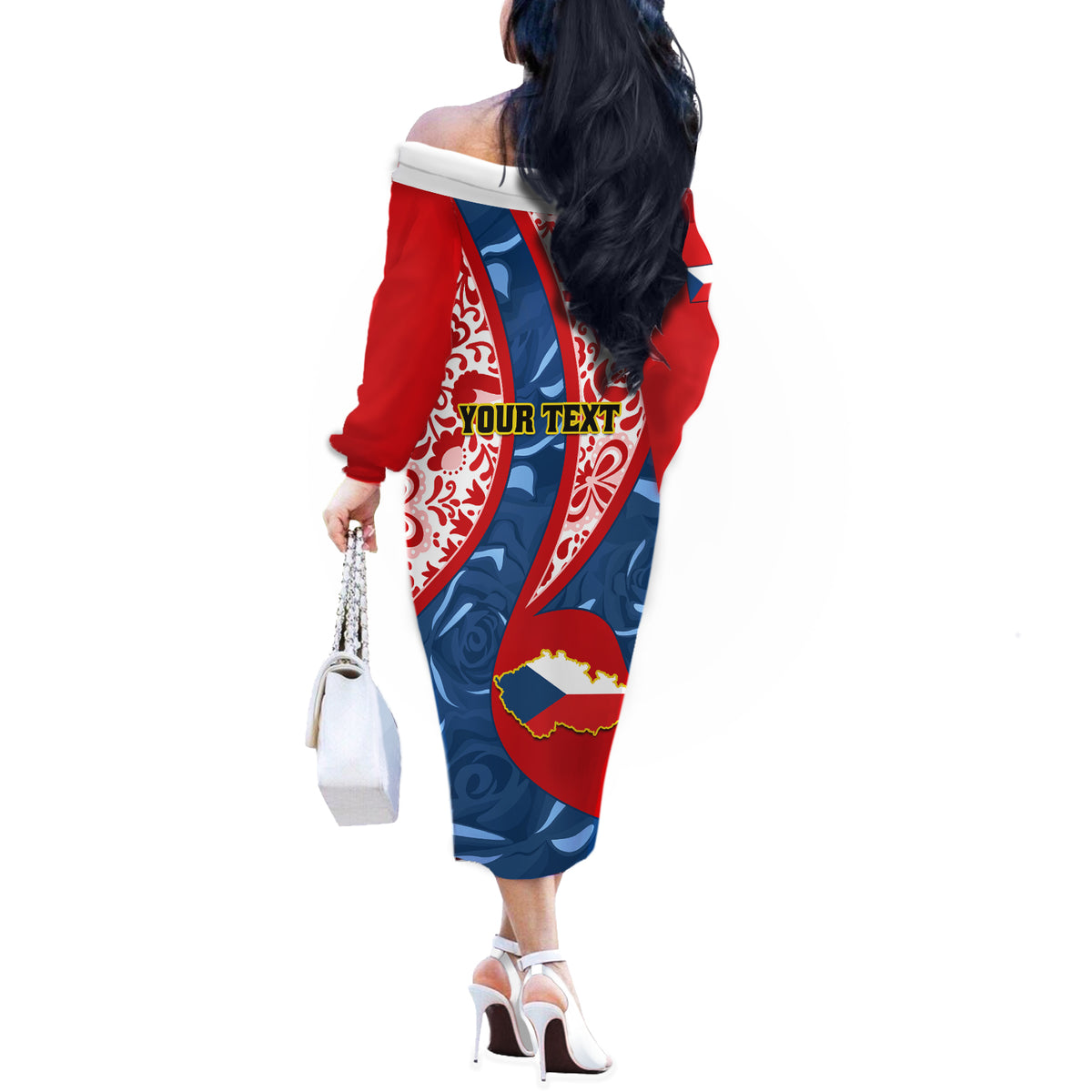 Personalised Czech Republic Independence Day Off The Shoulder Long Sleeve Dress Czechia Coat Of Arms Embroidery Motif - Wonder Print Shop
