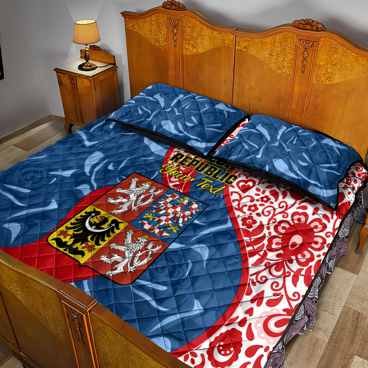 Personalised Czech Republic Independence Day Quilt Bed Set Czechia Coat Of Arms Embroidery Motif - Wonder Print Shop