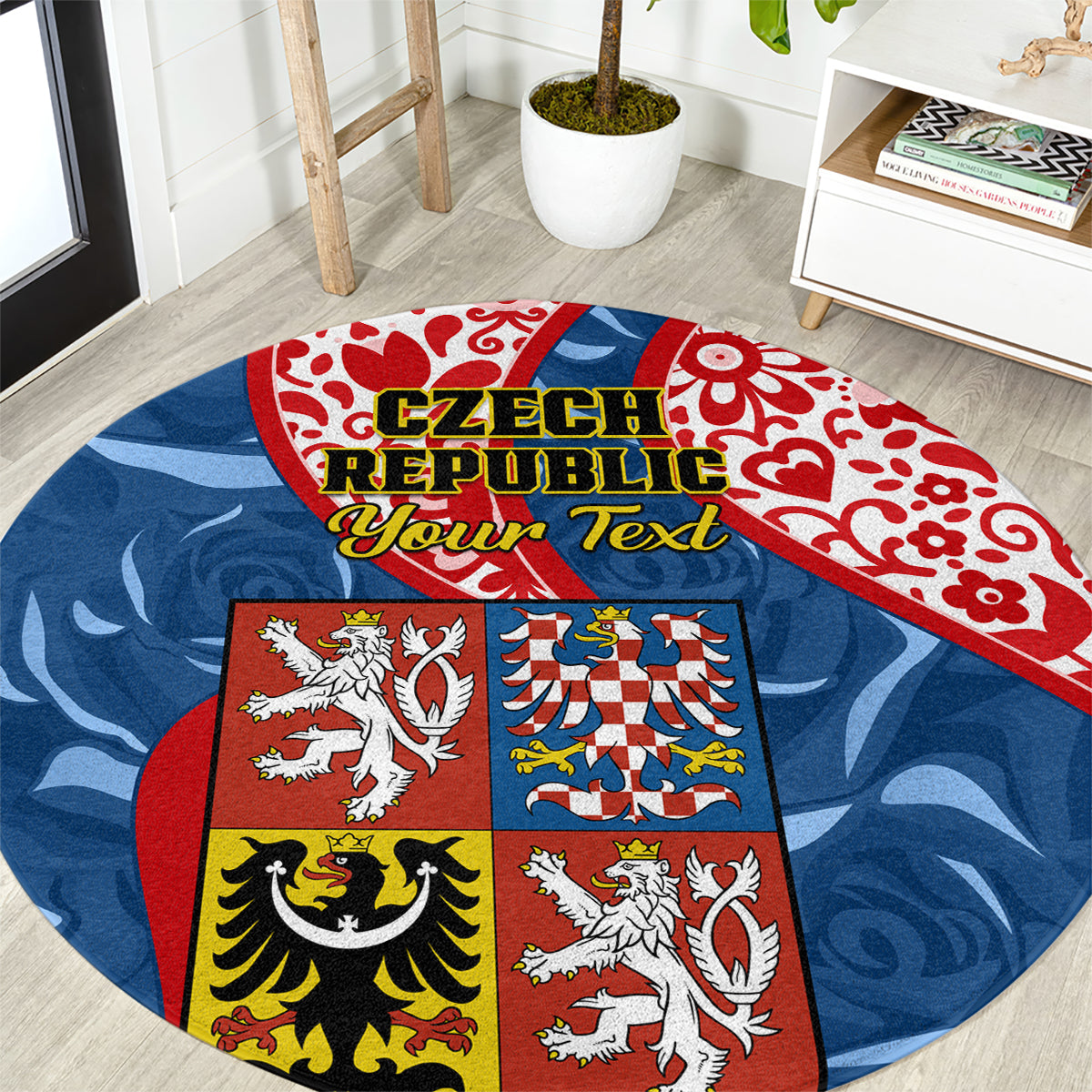 personalised-czech-republic-independence-day-round-carpet-czechia-coat-of-arms-embroidery-motif