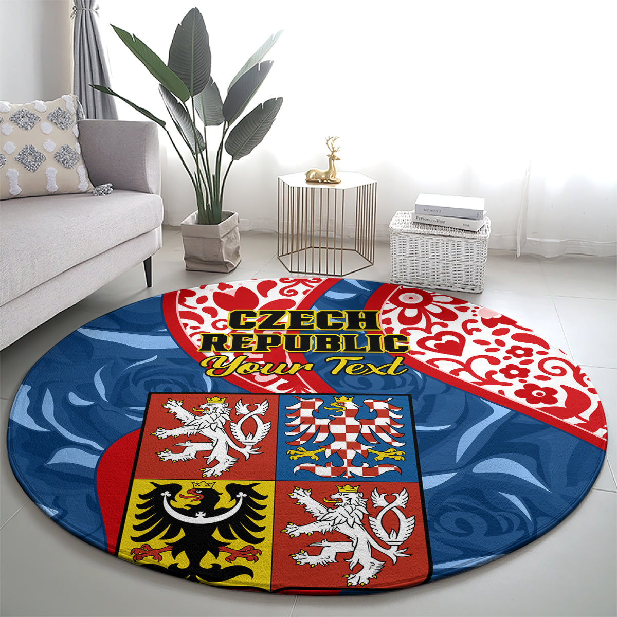 personalised-czech-republic-independence-day-round-carpet-czechia-coat-of-arms-embroidery-motif