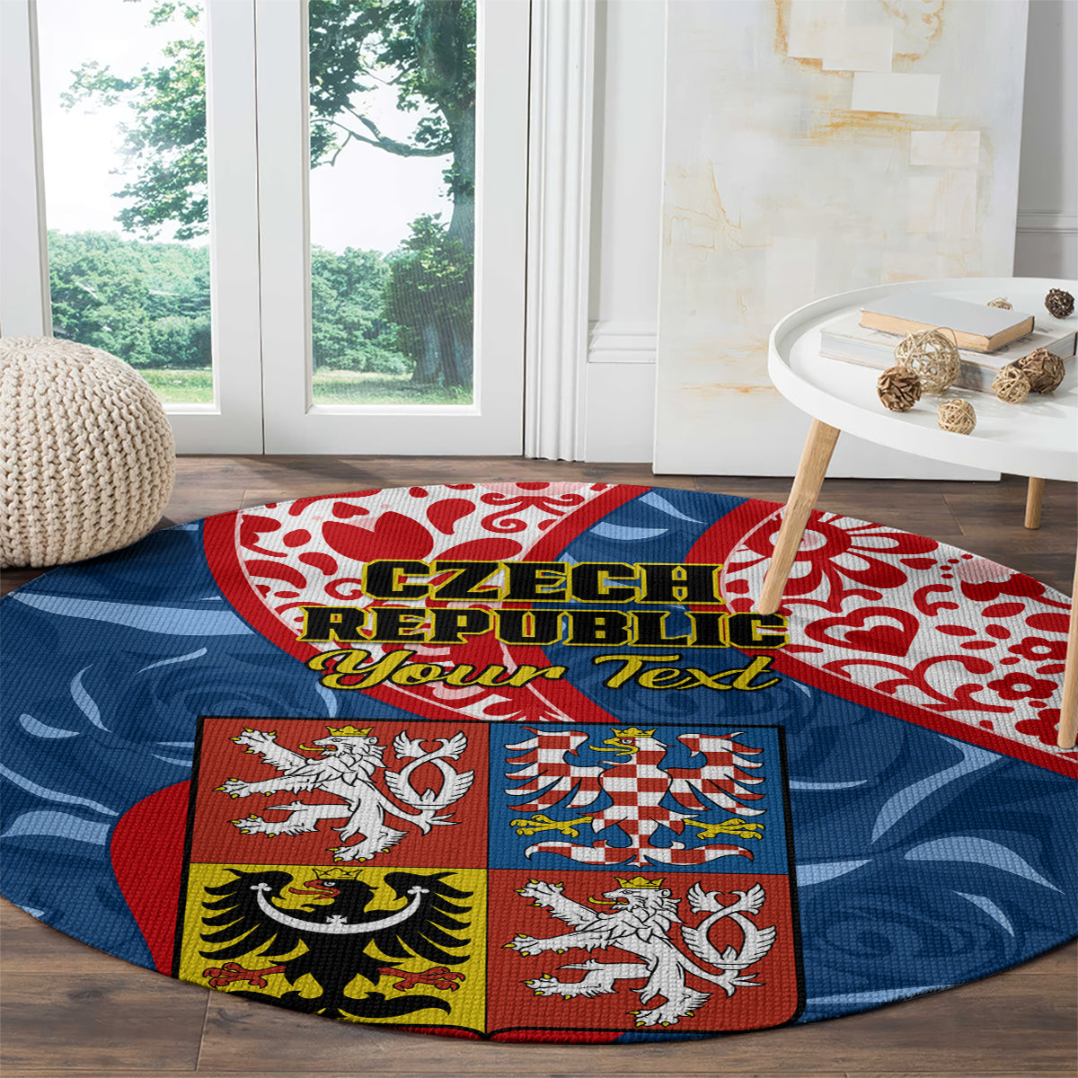 personalised-czech-republic-independence-day-round-carpet-czechia-coat-of-arms-embroidery-motif
