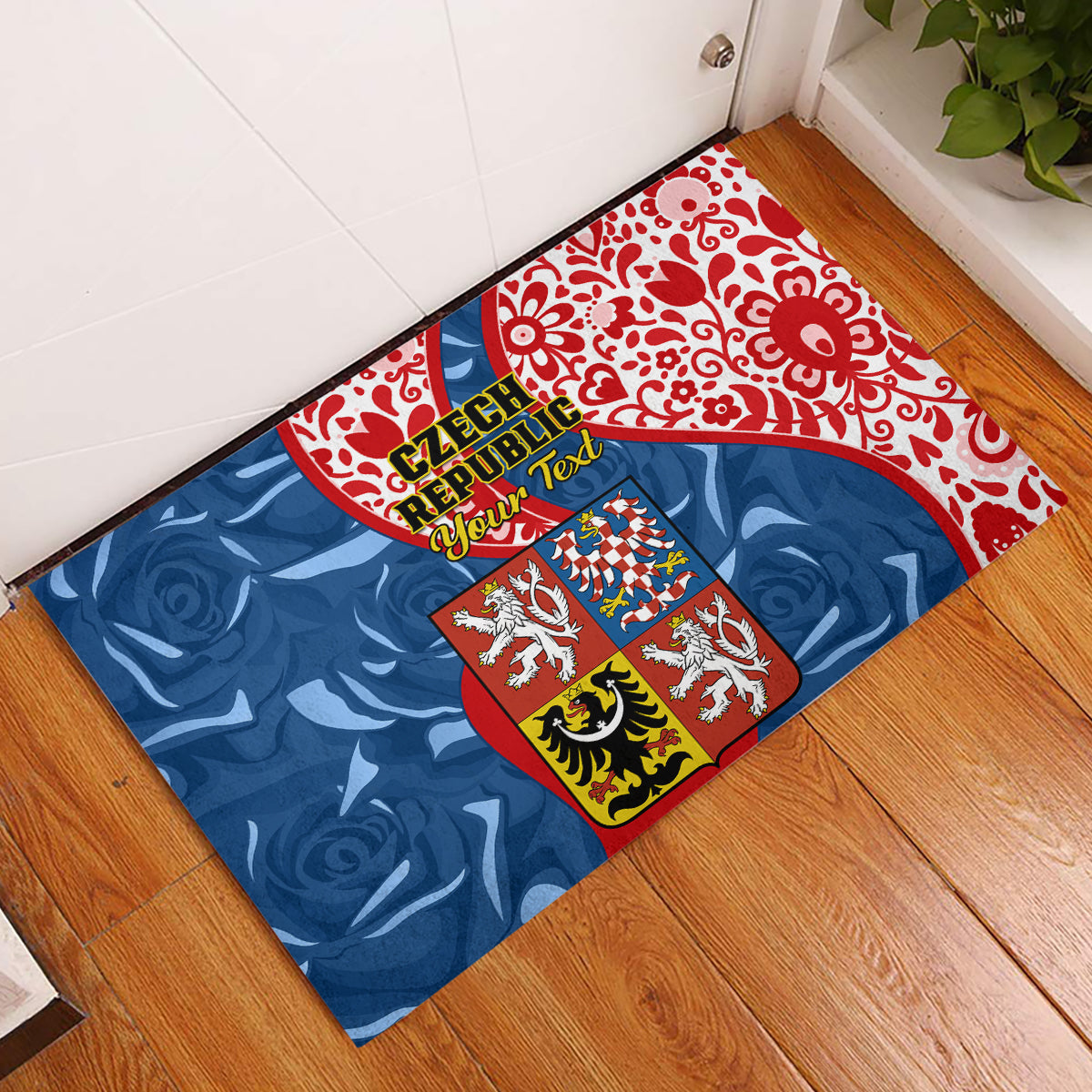 Personalised Czech Republic Independence Day Rubber Doormat Czechia Coat Of Arms Embroidery Motif - Wonder Print Shop