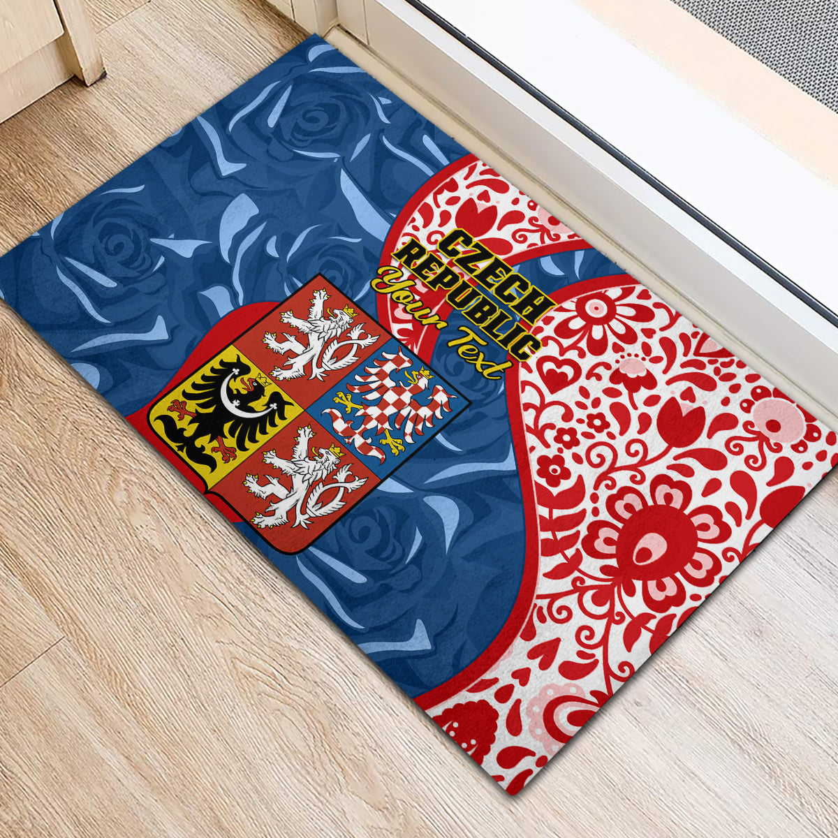 Personalised Czech Republic Independence Day Rubber Doormat Czechia Coat Of Arms Embroidery Motif - Wonder Print Shop