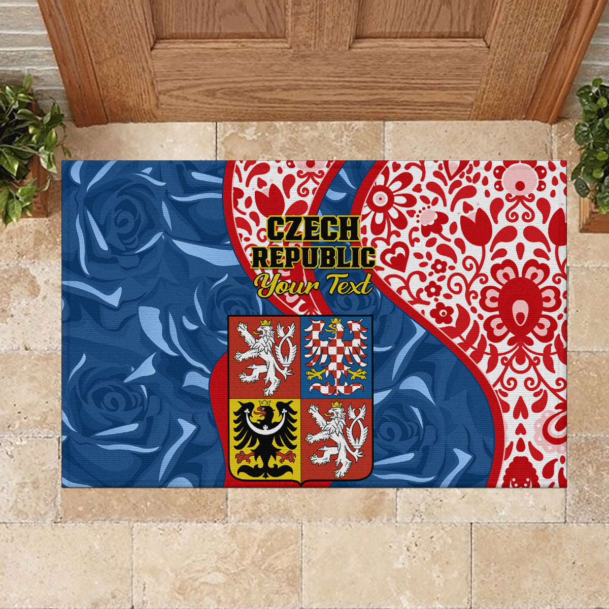 Personalised Czech Republic Independence Day Rubber Doormat Czechia Coat Of Arms Embroidery Motif - Wonder Print Shop
