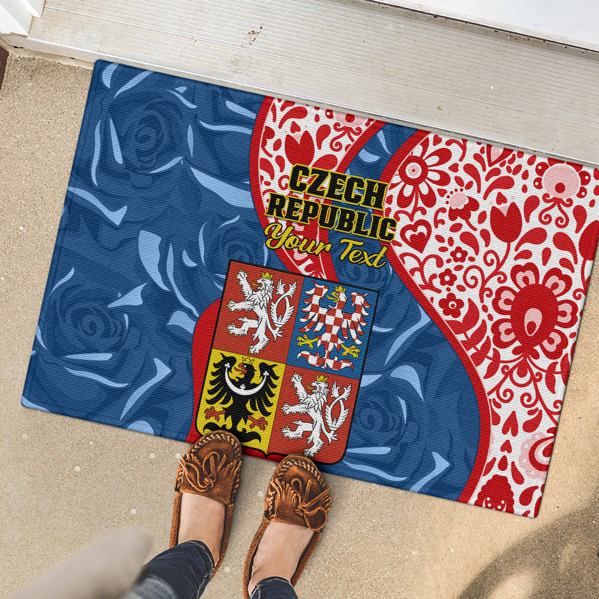 Personalised Czech Republic Independence Day Rubber Doormat Czechia Coat Of Arms Embroidery Motif - Wonder Print Shop