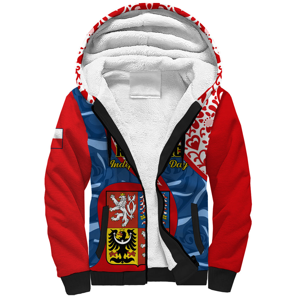 Personalised Czech Republic Independence Day Sherpa Hoodie Czechia Coat Of Arms Embroidery Motif - Wonder Print Shop