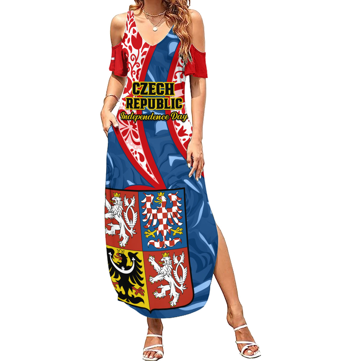 Personalised Czech Republic Independence Day Summer Maxi Dress Czechia Coat Of Arms Embroidery Motif - Wonder Print Shop