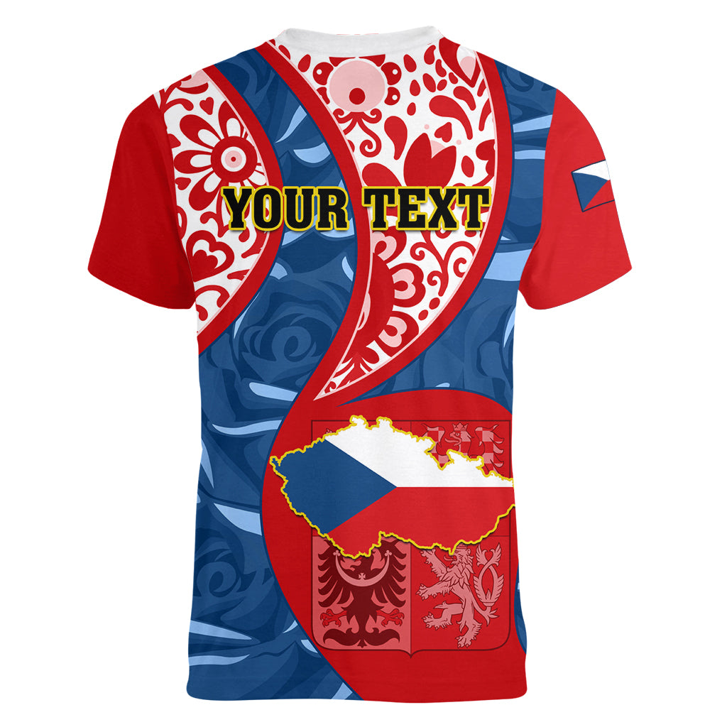 Personalised Czech Republic Independence Day Women V Neck T Shirt Czechia Coat Of Arms Embroidery Motif - Wonder Print Shop