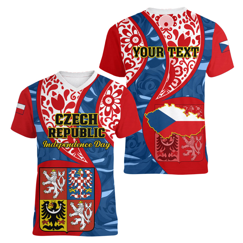 Personalised Czech Republic Independence Day Women V Neck T Shirt Czechia Coat Of Arms Embroidery Motif - Wonder Print Shop