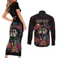 Personalised Sugar Skull Couple Valentine Couples Matching Short Sleeve Bodycon Dress and Long Sleeve Button Shirt Roses Romantic Love