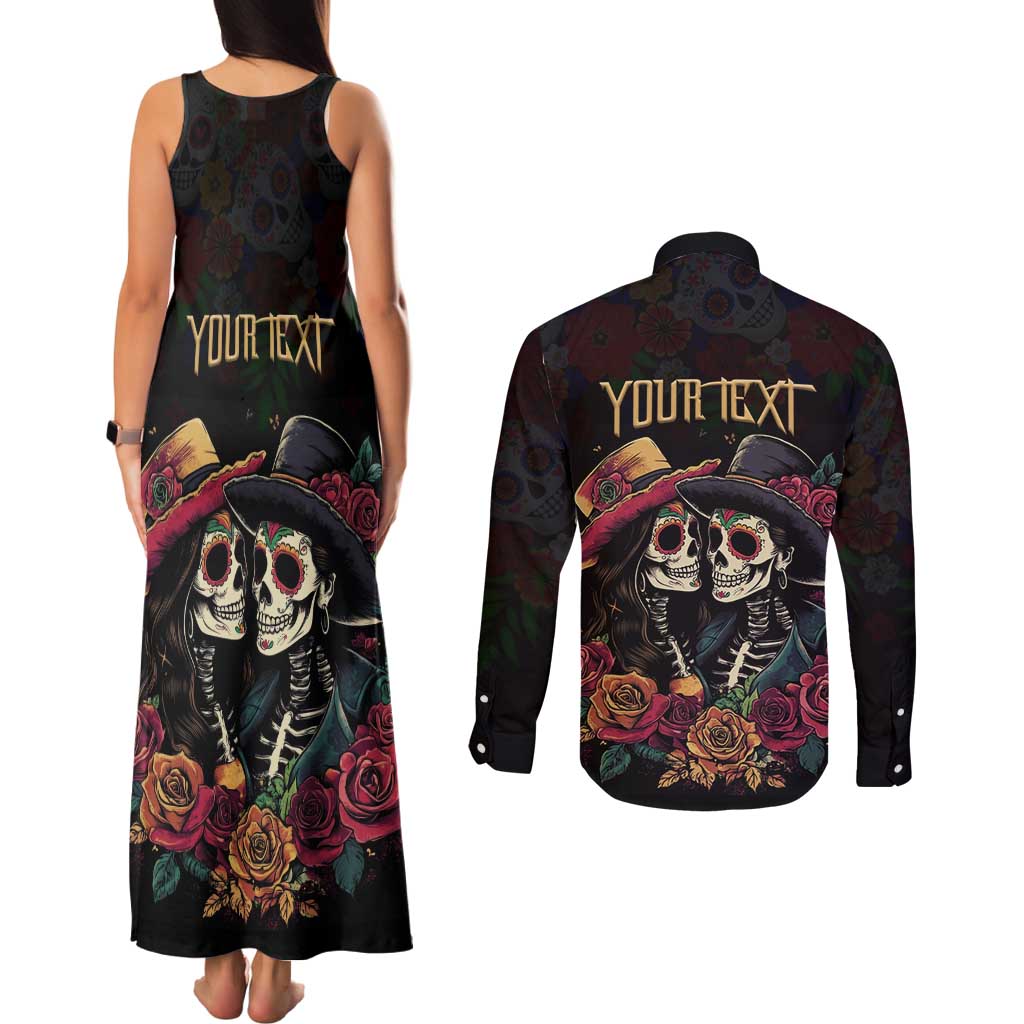 Personalised Sugar Skull Couple Valentine Couples Matching Tank Maxi Dress and Long Sleeve Button Shirt Roses Romantic Love